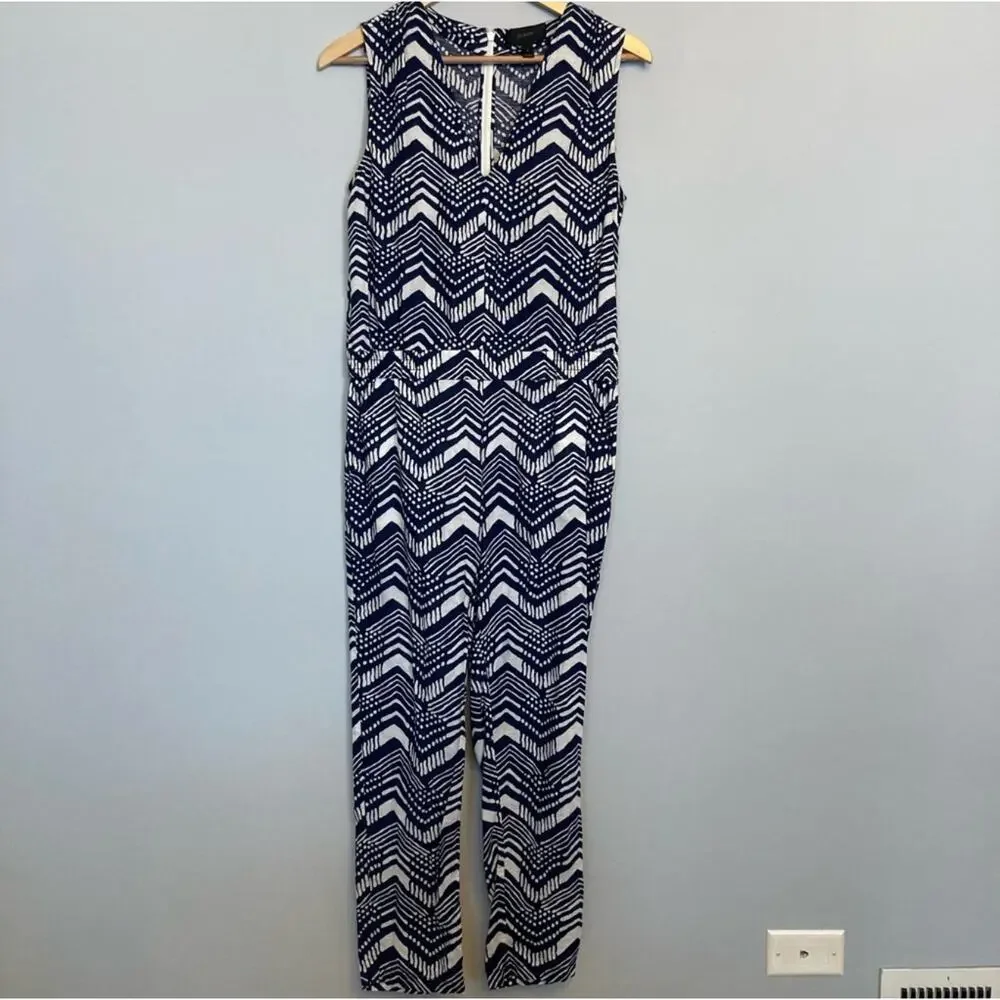 J Crew Cute Linen Zig-Zag Navy and White Print Sleeveless Jumpsuit Romper Size 0
